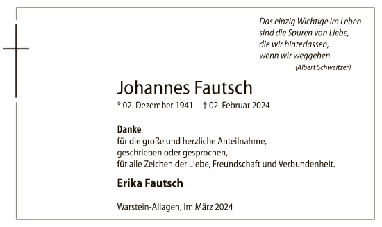 Todesanzeige von Johannes Fautsch von WA