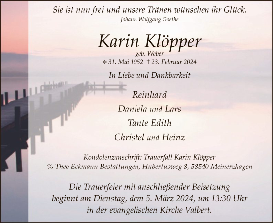Todesanzeige von Karin Klöpper von WA