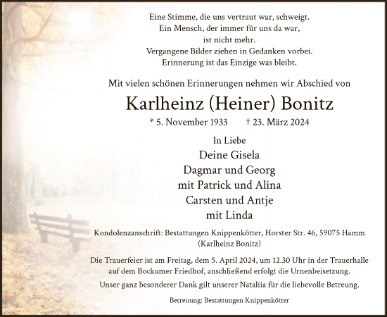 Todesanzeige von Karlheinz Bonitz von WA