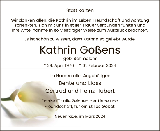 Todesanzeige von Kathrin Goßens von WA