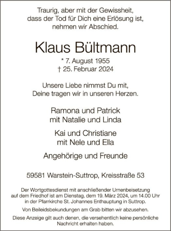 Todesanzeige von Klaus Bültmann von WA