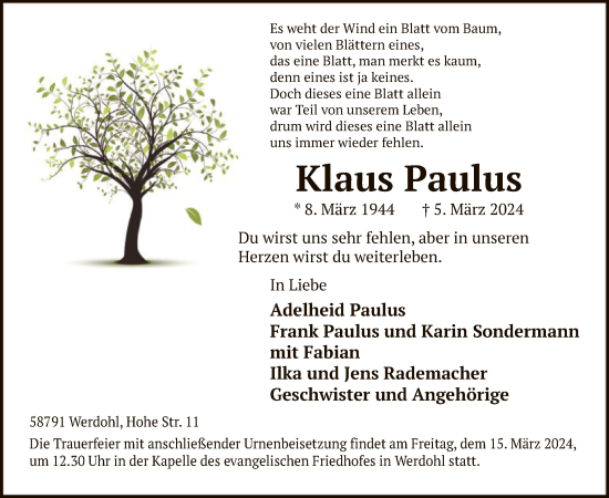 Todesanzeige von Klaus Paulus von WA