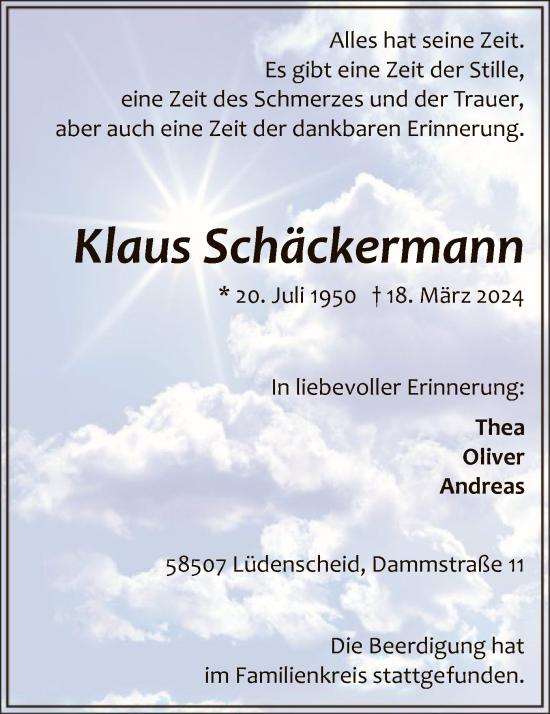 Todesanzeige von Klaus Schäckermann von WA
