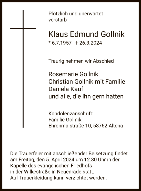 Todesanzeige von Klaus Edmund Gollnik von WA