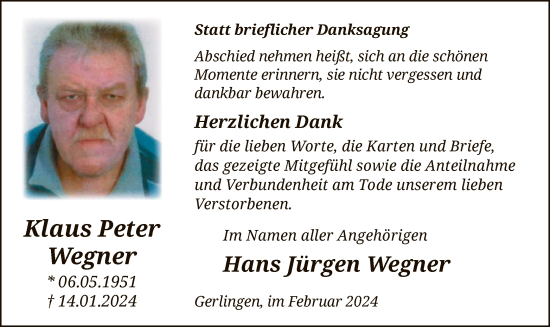 Todesanzeige von Klaus Peter Wegner von WA