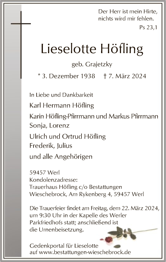 Todesanzeige von Lieselotte Höfling von WA