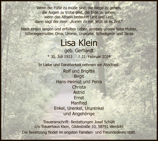 Todesanzeige von Lisa Klein von WA