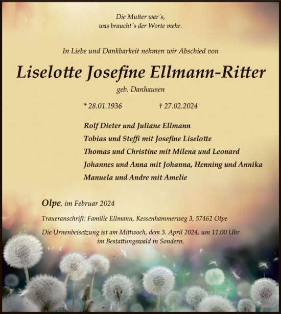 Todesanzeige von Liselotte Josefine Ellmann-Ritter von WA