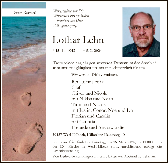 Todesanzeige von Lothar Lehn von WA