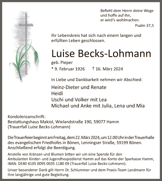 Todesanzeige von Luise Becks-Lohmann von WA