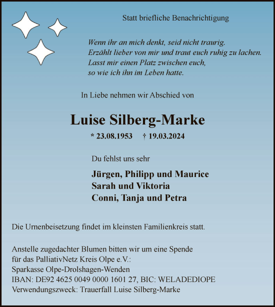 Todesanzeige von Luise Silberg-Marke von WA