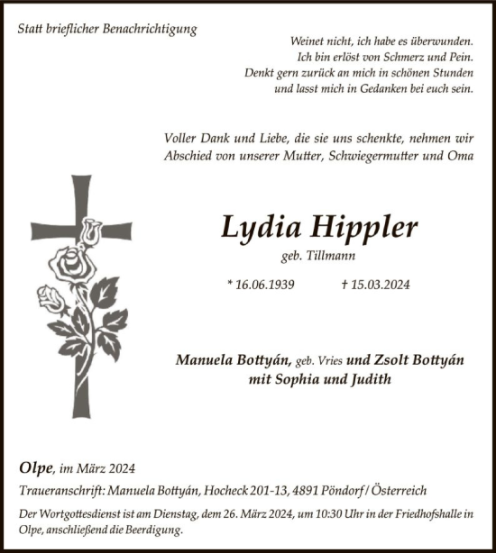 Todesanzeige von Lydia Hippler von WA