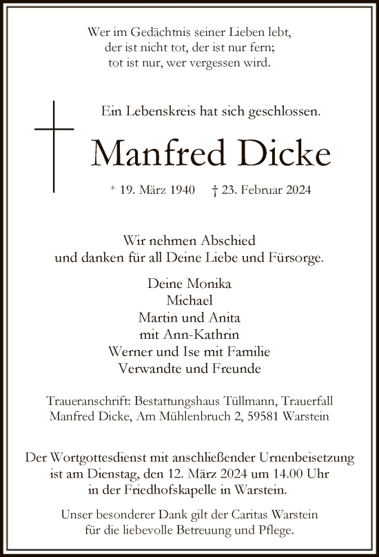 Todesanzeige von Manfred Dicke von WA
