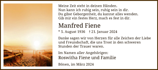 Todesanzeige von Manfred Fiene von WA