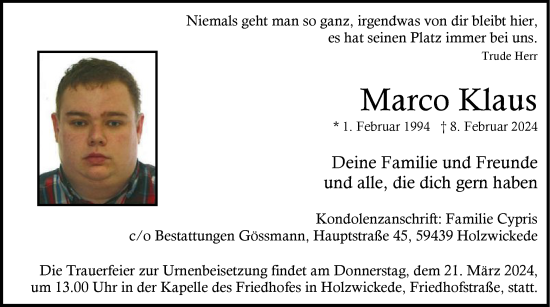 Todesanzeige von Marco Klaus von WA