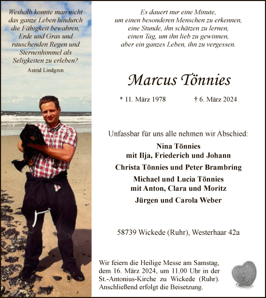 Todesanzeige von Marcus Tönnies von WA