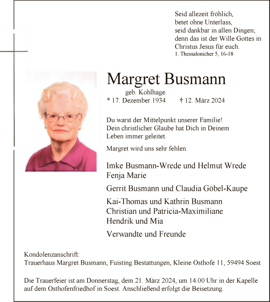 Todesanzeige von Margret Busmann von WA