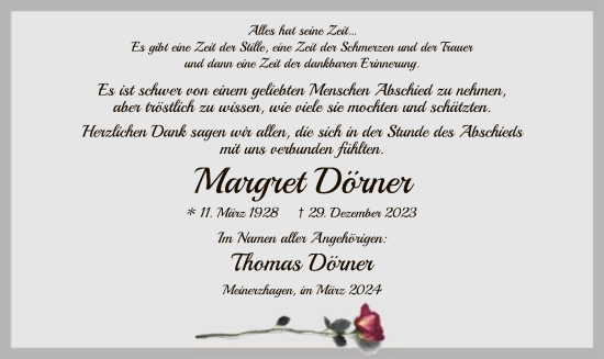 Todesanzeige von Margret Dörner von WA