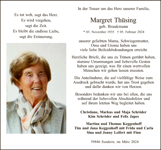 Todesanzeige von Margret Thüsing von WA