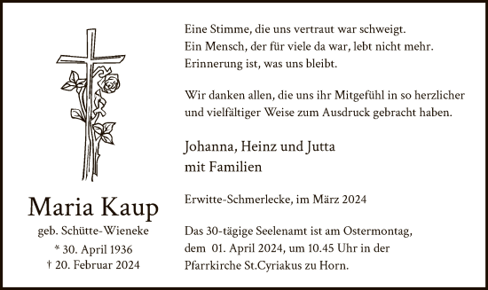 Todesanzeige von Maria Kaup von WA