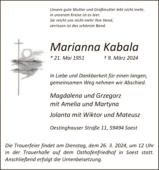 Todesanzeige von Marianna Kabala von WA