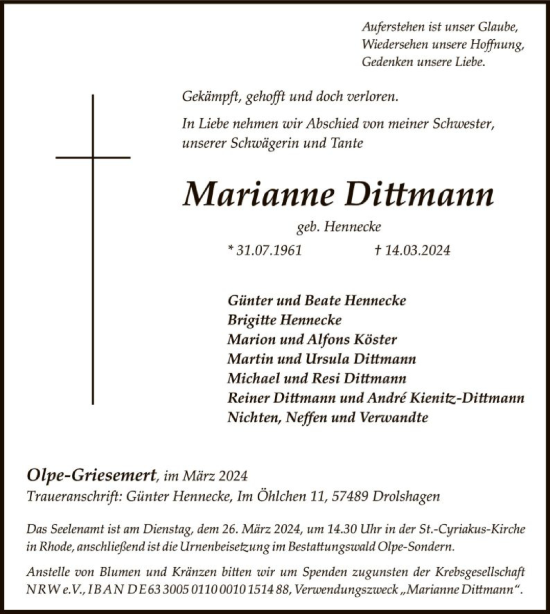 Todesanzeige von Marianne Dittmann von WA