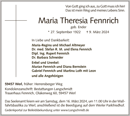 Todesanzeige von Maria Theresia Fennrich von WA