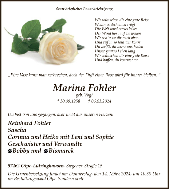 Todesanzeige von Marina Fohler von WA
