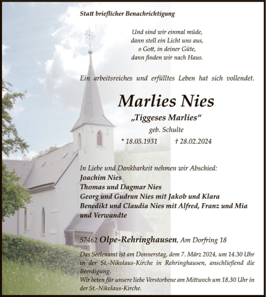 Todesanzeige von Marlies Nies von WA