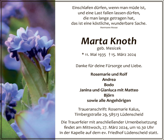 Todesanzeige von Marta Knoth von WA