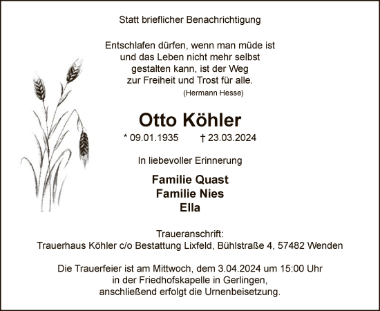 Todesanzeige von Otto Köhler von WA