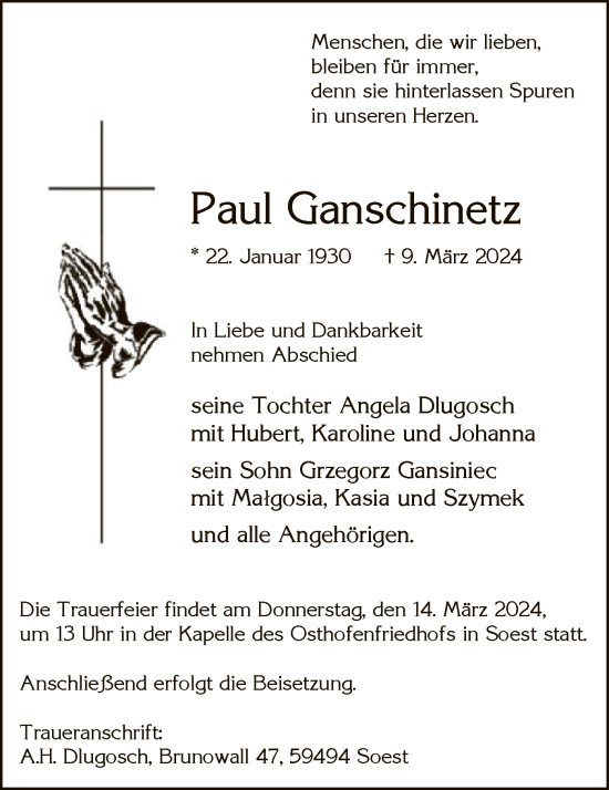 Todesanzeige von Paul Ganschinetz von WA