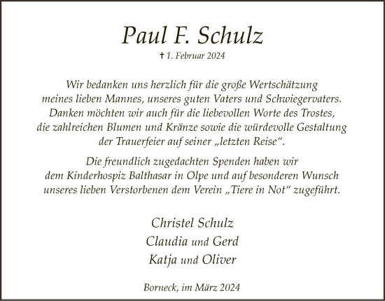 Todesanzeige von Paul F. Schulz von WA