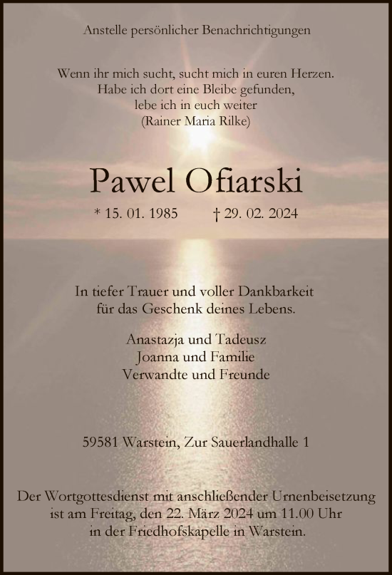 Todesanzeige von Pawel Ofiarski von WA