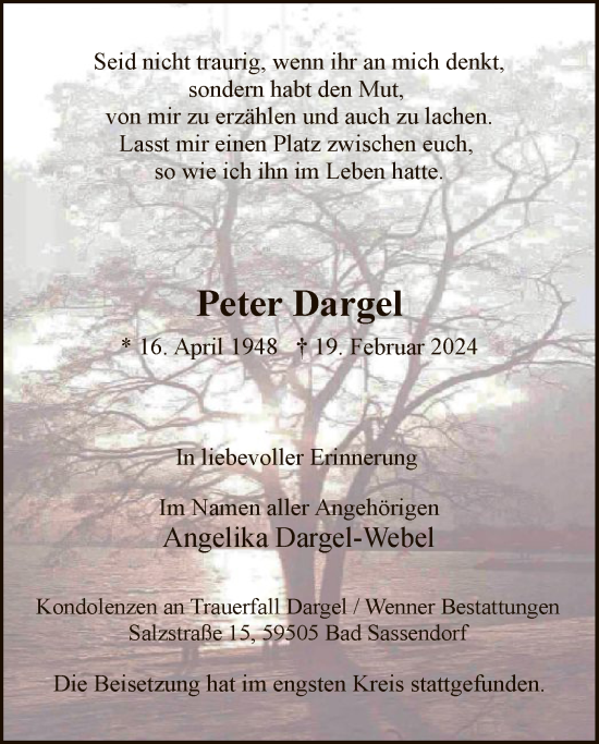 Todesanzeige von Peter Dargel von WA