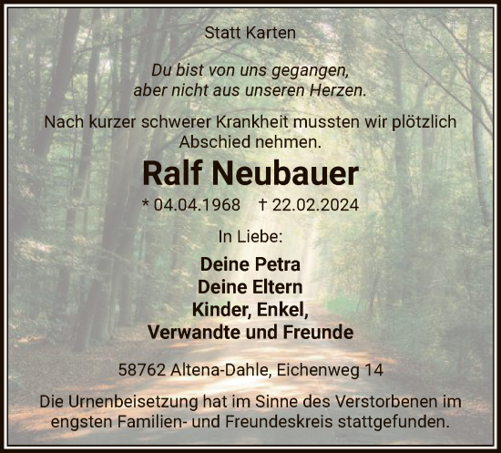 Todesanzeige von Ralf Neubauer von WA