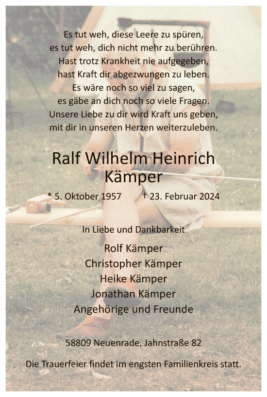 Todesanzeige von Ralf Wilhelm Heinrich Kämper von WA