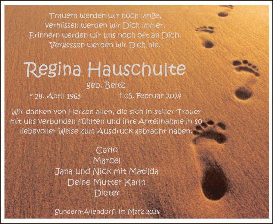 Todesanzeige von Regina Hauschute von WA