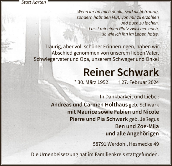 Todesanzeige von Reiner Schwark von WA