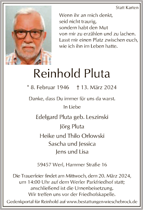 Todesanzeige von Reinhold Pluta von WA