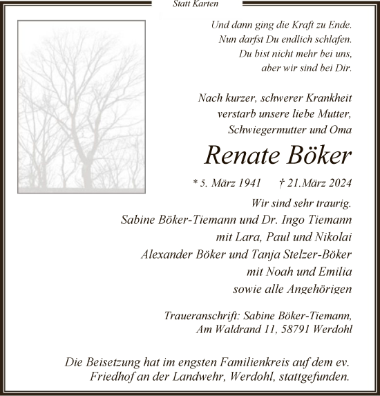 Todesanzeige von Renate Böker von WA