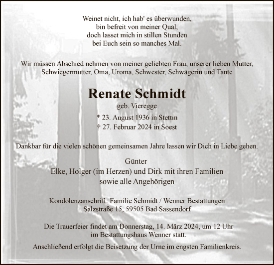 Todesanzeige von Renate Schmidt von WA