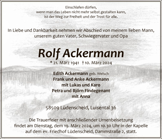 Todesanzeige von Rolf Ackermann von WA