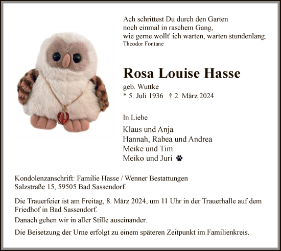 Todesanzeige von Rosa Louise Hasse von WA