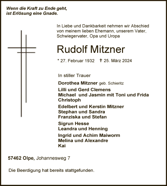 Todesanzeige von Rudolf Mitzner von WA