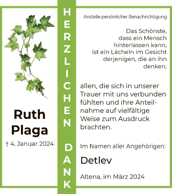 Todesanzeige von Ruth Plaga von WA