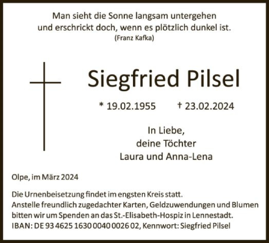 Todesanzeige von Siegfried Pilsel von WA