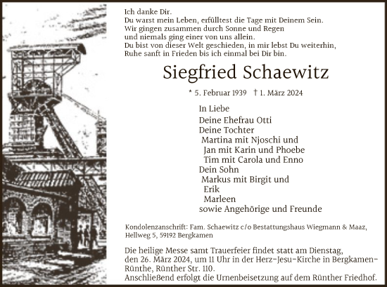 Todesanzeige von Siegfried Schaewitz von WA