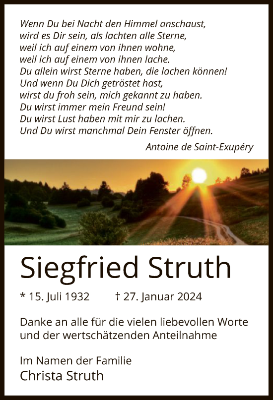 Todesanzeige von Siegfried Struth von WA