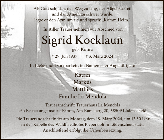Todesanzeige von Sigrid Kocklaun von WA